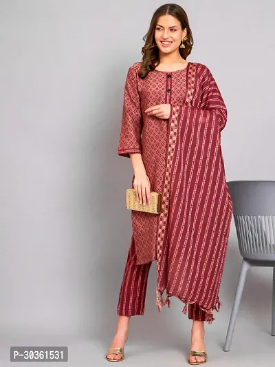 Stylish Maroon Khadi Cotton Printed Kurta With Pant And Dupatta Set For Women-thumb0