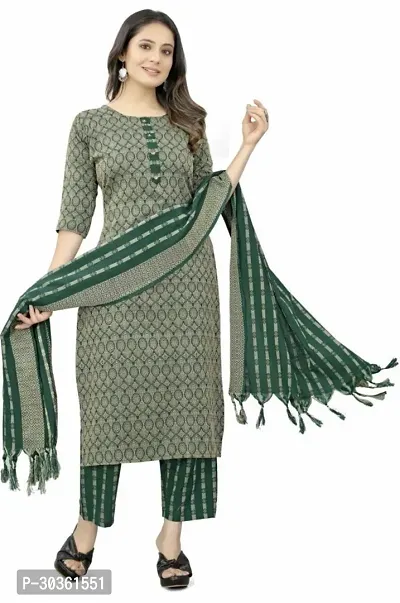 Stylish Green Khadi Cotton Printed Kurta With Pant And Dupatta Set For Women-thumb0