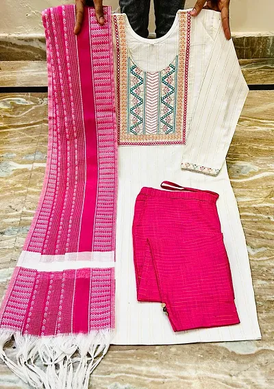 Fancy Khadi Cotton Embroidered Kurta Bottom Dupatta Set