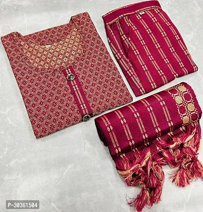 Stylish Maroon Khadi Cotton Printed Kurta With Pant And Dupatta Set For Women-thumb0