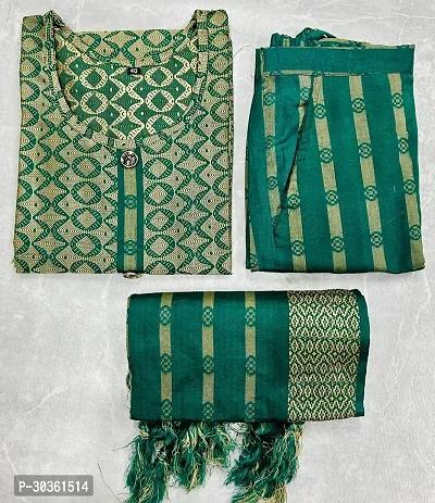 Stylish Green Khadi Cotton Printed Kurta With Pant And Dupatta Set For Women-thumb0