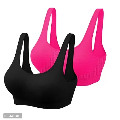 INDIROCKS Women's Nylon Blend Non Padded Wire Free Sports, Seamless Bra (AIR-COMBO2-BLK-PINK_Black, Pink_Free Size)