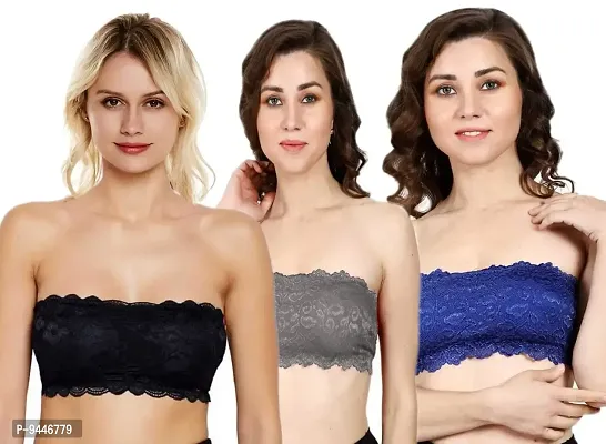 INDIROCKS Women's Lace Tube Strapless Padded Bra (Free Size)-Pack of 3-Black & Grey & Blue