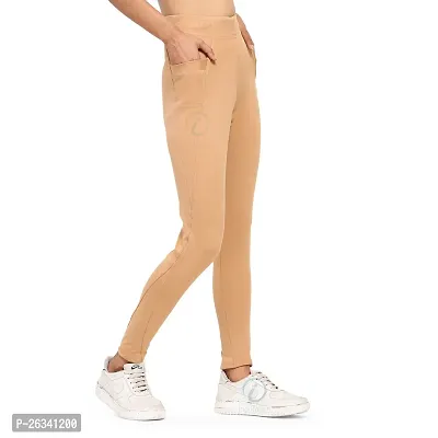 Stylish Beige Cotton Spandex Solid Jeggings For Women-thumb2