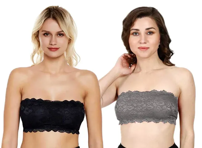 INDIROCKS Women's Lace Tube Strapless Padded Bra (Black-Skin, Free Size)-Pack of 2