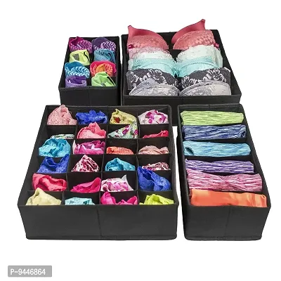 Closet Underwear Organizer Drawer Divider 4 Set, Fabric Foldable Cabinet Closet Bra Organizers and Storage Boxes for Storing Socks, Underpants Panties,Ties Divider - Black-thumb0
