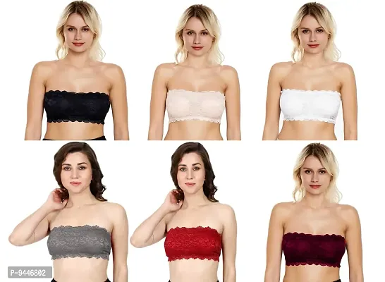 INDIROCKS Women's Lace Tube Strapless Padded Bra (Free Size)-Pack of 6-Black & Beige & White & Grey & Red & Maroon-thumb0