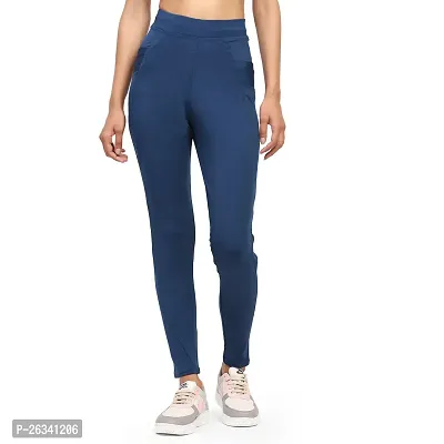 Stylish Blue Cotton Spandex Solid Jeggings For Women