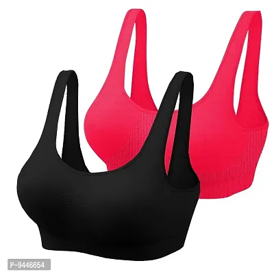 INDIROCKS Women's Nylon Blend Non Padded Wire Free Sports, Seamless Bra (AIR-COMBO2-BLK-RED_Black, Red_Free Size)-thumb0