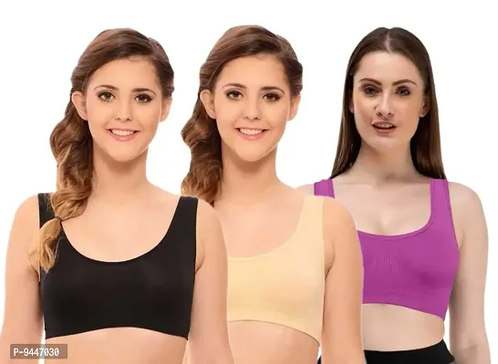 INDIROCKS Women's Nylon Non-Padded Wire Free Sports Sports Bra (P3_AIR_BLK_BEI_PUR_Black, Beige, Purple_Free Size)