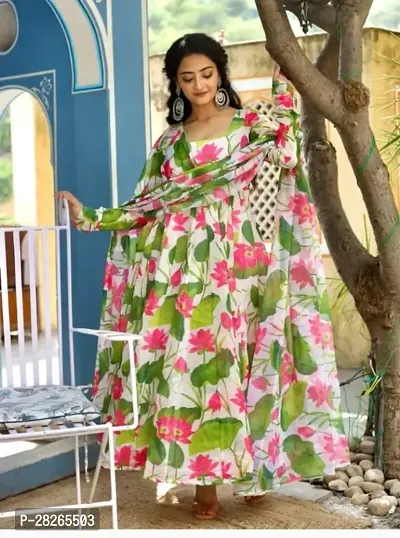 Partywear wear Designer Printed Heavy Silk Kurta with Dupattas set for Women-thumb0