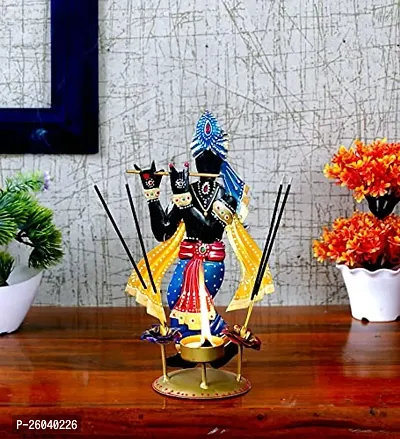 DESERT ART Iron Black Colour Krishna Showpiece with Diya and Incense Holder