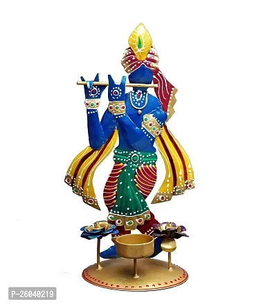 DESERT ART Iron Blue Colour Krishna Showpiece with Diya and Incense Holder