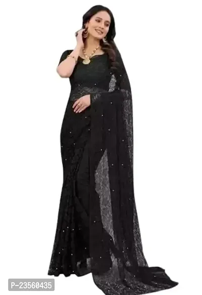 Vragi Women's Casual Wear Net Saree With Unstitched Blouse Piece [Black]