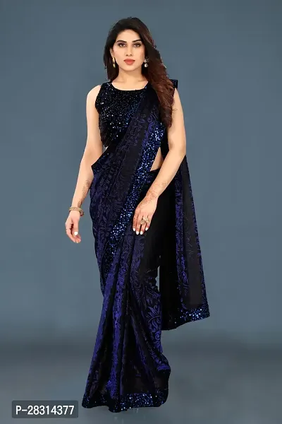 Stylish Lycra Navy Blue Sequinned Saree with Blouse piece