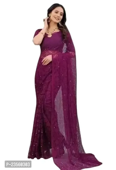 Vragi Women's Casual Wear Net Saree With Unstitched Blouse Piece (Wine)-thumb0