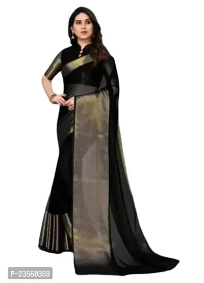 Vragi New Golden Patta Silk Saree With Unstitched Blouse Piece For Women's (Black)-thumb0
