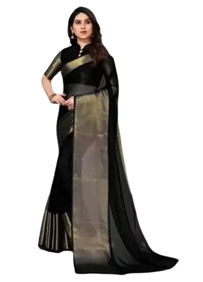 Vragi New Golden Patta Silk Saree With Unstitched Blouse Piece For Women's