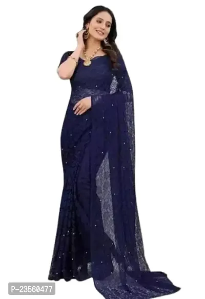 Vragi Women's Casual Wear Net Saree With Unstitched Blouse Piece [Blue]