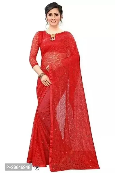 Beautiful Net Red Saree with Moti with Blouse piece