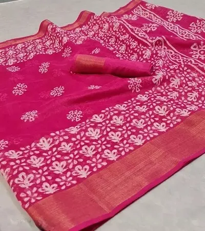 Cotton Printed Zari Border Sarees with Blouse piece