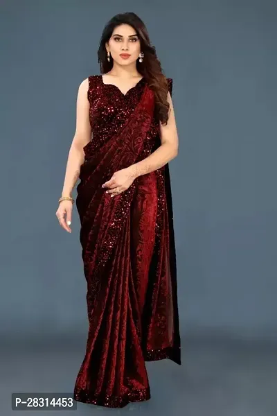 Stylish Lycra Maroon Sequinned Saree with Blouse piece