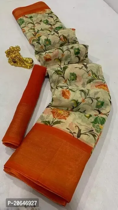 Beautiful Cotton Orange Saree with Blouse piece