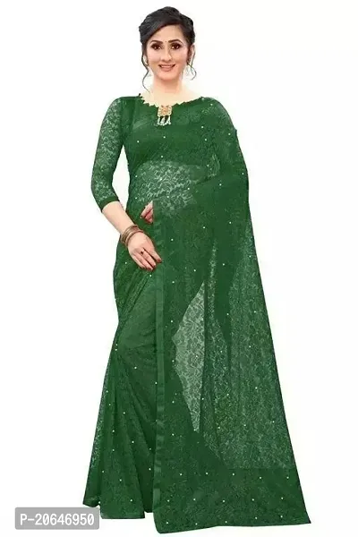 Beautiful Net Green Saree with Moti with Blouse piece
