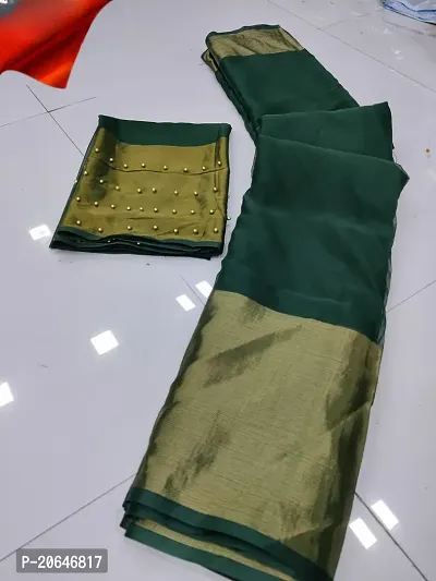 Beautiful Chiffon Green Saree With Moti Blouse piece