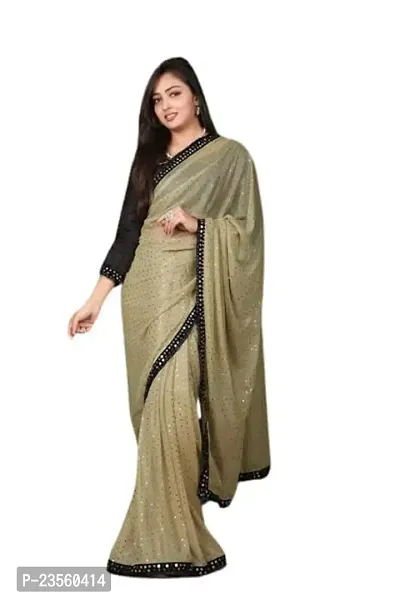 Vragi New Mirror Work Lycra Black Border Saree With Unstitched Blouse Piece For Women's (Gold)-thumb0