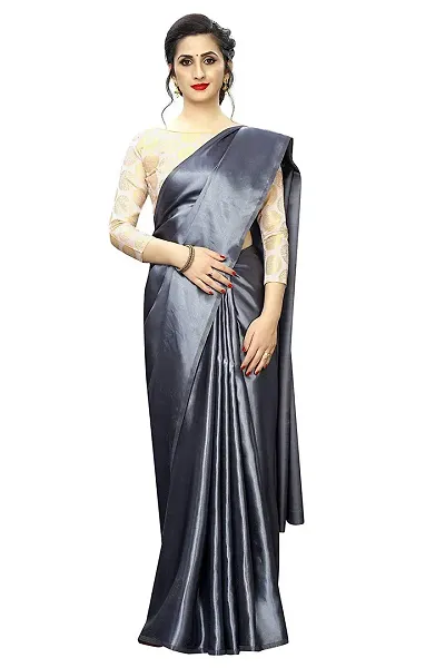 kirz web store Women's Banarasi Satin Saree With Unstitched Blouse Piece (Satin_2_Grey)