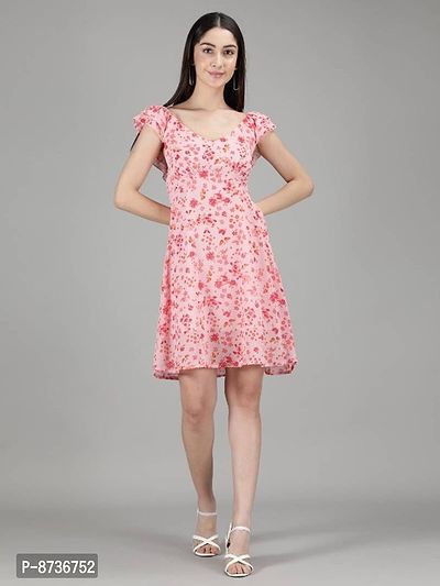 Women Peach  Red printed Floral Mini Fit  Flare Dress-thumb0