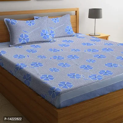 Rome 144TC Floral Printed Cotton Double Bedsheet with 2 Pillow Covers - Blue