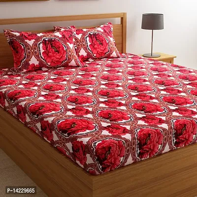 ROMEE 144 TC Premium Floral Modern Style Polycotton Flat Luxurious Beautiful Soft Comfort Designer Floral Pattern 1 Double Size Bed Bedsheet ( 224 cm x 242 cm ) and 2 Pillow Covers ( 43 cm x 68 cm ) - (Red)-thumb0