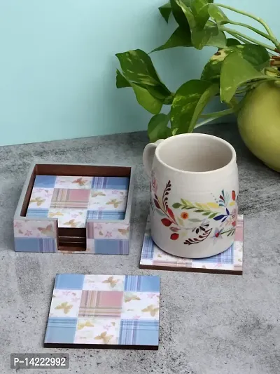 Romee Set of 6 MDF Wood Coasters for Tea Cups Coffee Mug, Office Table, Coffee Table - Blue  Cream