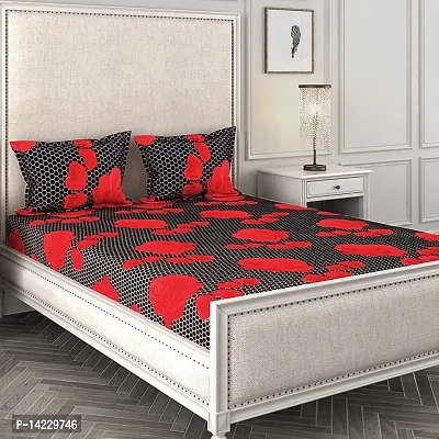 ROMEE 144 TC Floral Printed Cotton Bedsheet for Double Bed with 2 Pillow Covers, Black  Red