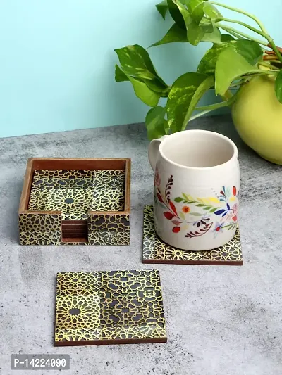 Romee Set of 6 MDF Wood Coasters for Tea Cups Coffee Mug, Office Table, Coffee Table - Black  Yellow