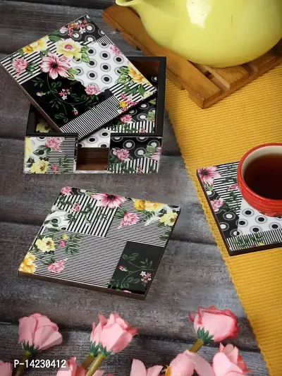 Romee Set of 6 MDF Wood Coasters for Tea Cups Coffee Mug, Office Table, Coffee Table - Green-thumb0