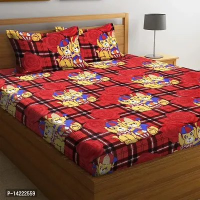 Rome 144TC Teddy Printed Cotton Double Bedsheet with 2 Pillow Covers - Red