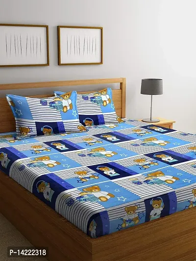 ROMEE 144 TC Premium Kids Print Modern Style Polycotton Flat Luxurious Beautiful Soft Comfort Designer Kids Print Pattern 1 Double Size Bed Bedsheet (224 cm x 242 cm) and 2 Pillow Covers (43 cm x 68 cm) - (Blue  White)-thumb2