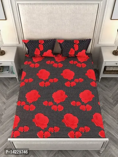 ROMEE 144 TC Floral Printed Cotton Bedsheet for Double Bed with 2 Pillow Covers, Black  Red-thumb2