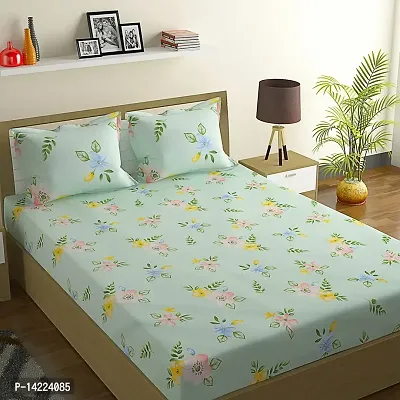 ROMEE 144 TC Floral Printed Bedsheet Double Bed Cotton with 2 Pillow Covers - Light Green | Best for Diwali Gift-thumb0