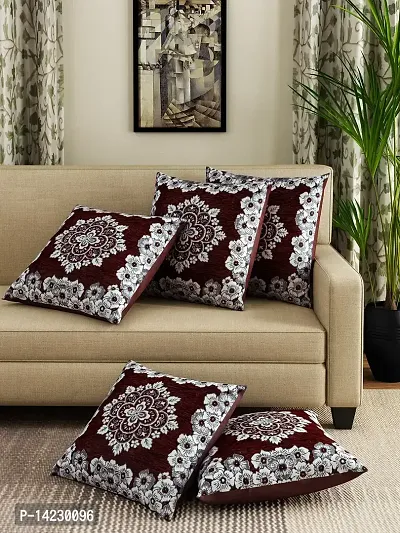 ROMEE Polyester Chenille Floral Cushion Covers 16x16 inch Set of 5 - Brown