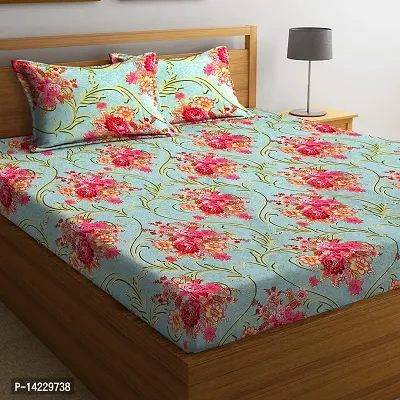 ROMEE 144 TC Cotton Floral Bedsheet for Double Bed with 2 Pillow Covers, Sea Green