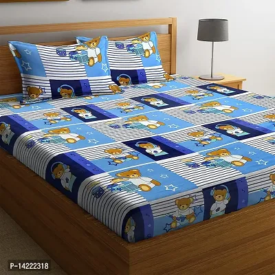 ROMEE 144 TC Premium Kids Print Modern Style Polycotton Flat Luxurious Beautiful Soft Comfort Designer Kids Print Pattern 1 Double Size Bed Bedsheet (224 cm x 242 cm) and 2 Pillow Covers (43 cm x 68 cm) - (Blue  White)-thumb0
