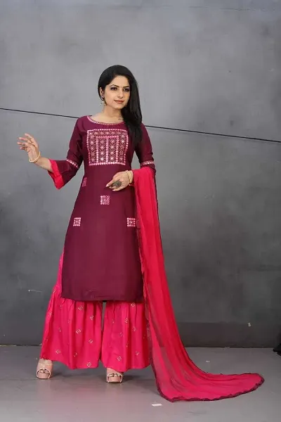 Trendy Embroidered Rayon Kurta Pant Set With Dupatta For Women