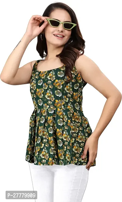 Fancy Green Cotton Blend Printed Top For Women