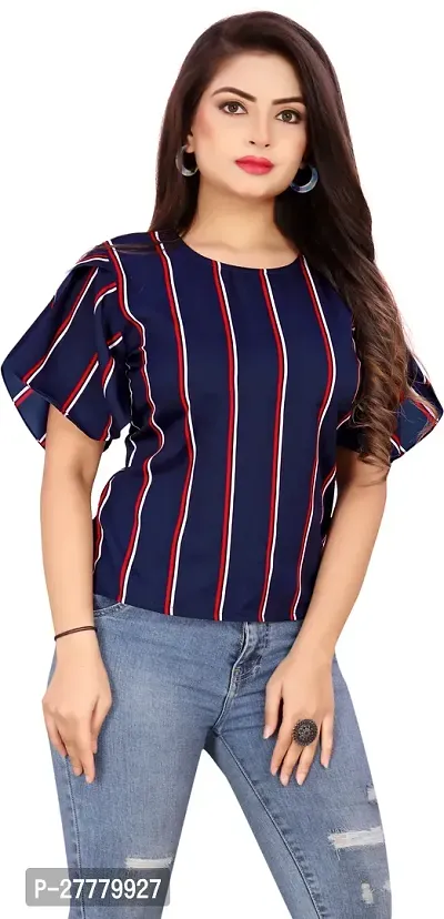 Fancy Navy Blue Crepe Striped Top For Women