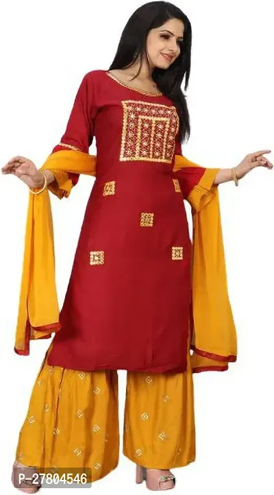 Stylish Cotton Rayon Kurta With Pant And Dupatta Set For Women-thumb0