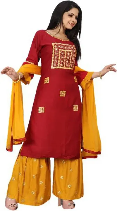 Stylish Rayon Embroidered Kurta Bottom Dupatta Set